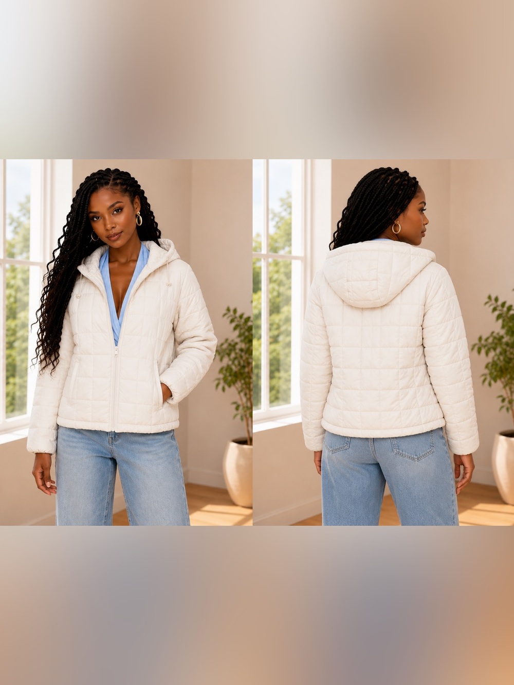 Thread & Supply Off-White Quilted Hooded Puffer Jacket